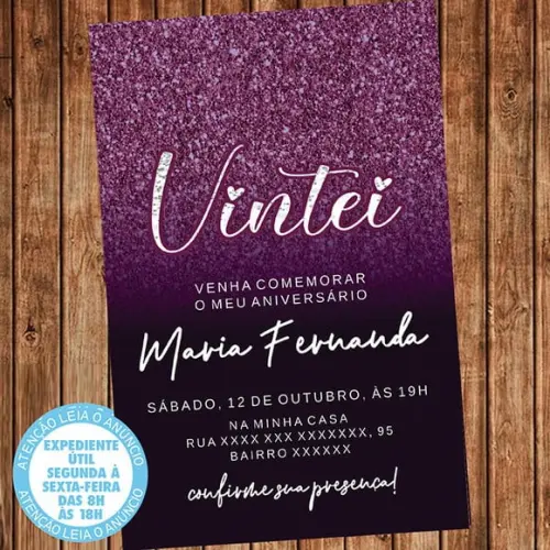Convite 20 Anos Aniversário Festa Vintei Roxo Digital