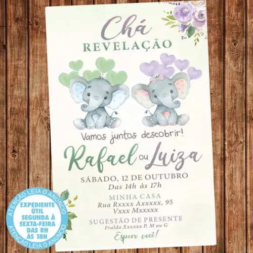 Convite Chá Revelação Elefantinhos Verde e Lilás Digital