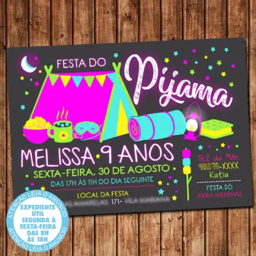 Convite Festa do Pijama Neon Aniversário Neon Digital