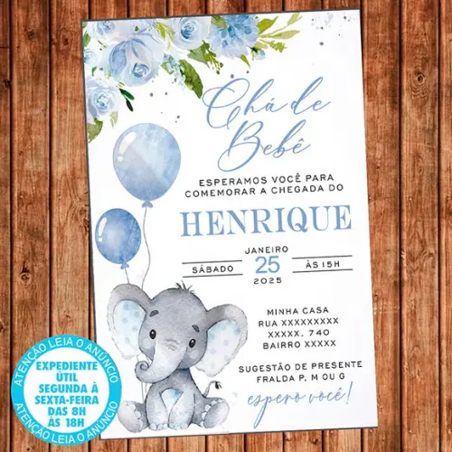 Convite Chá de Bebê Elefantinho Chá Fraldas Elefante Menino