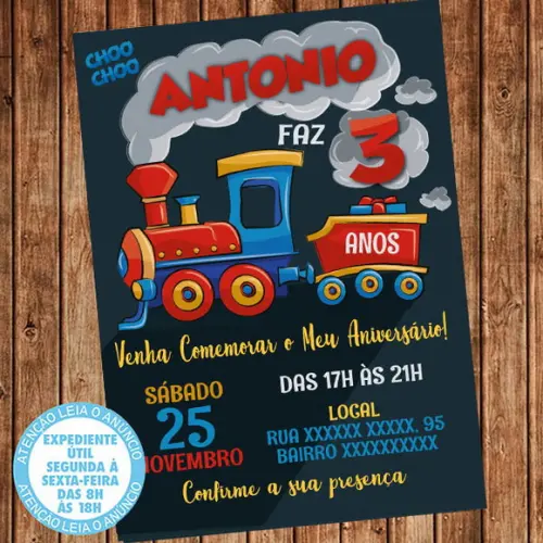 Convite Trem Aniversário Trenzinho Festa Digital