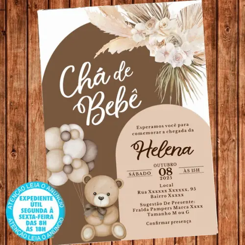 Convite Chá de Bebê Ursinho Balões Marrom Chá Fraldas Dig.