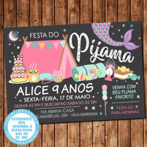 Convite Festa do Pijama Sereia Aniversário Digital