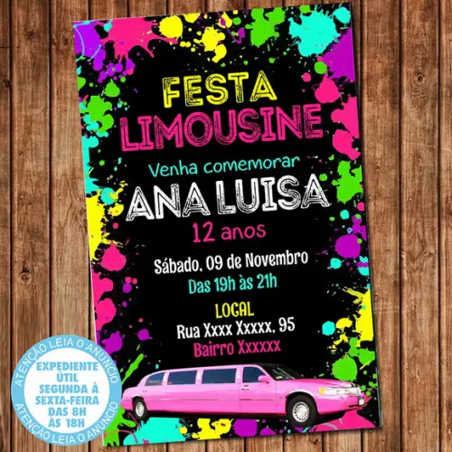 Convite Limousine Rosa Aniversário Festa Digital