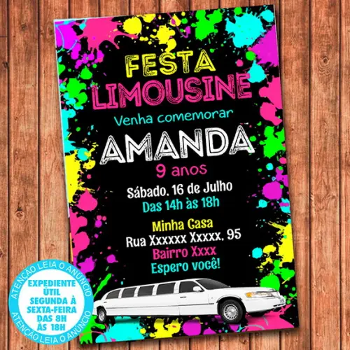 Convite Limousine Branca Aniversário Festa Digital