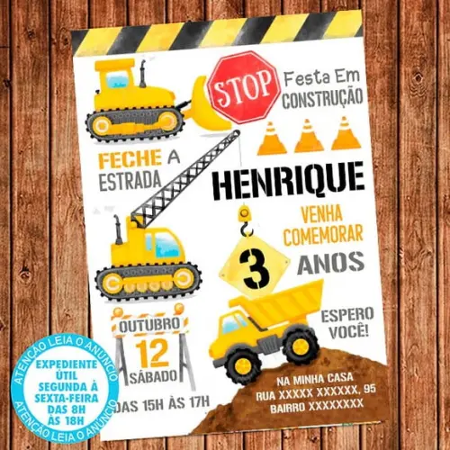 Convite Construção Aniversário Festa Obra Digital