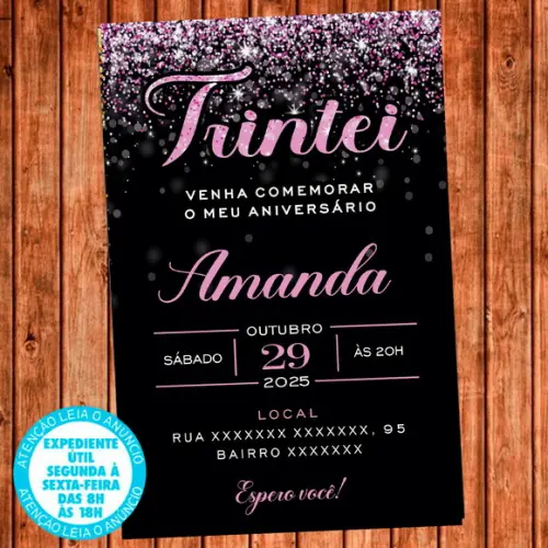 Convite 30 Anos Aniversário Festa Trintei Rosa Preto