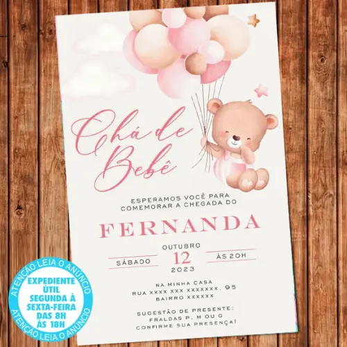 Convite Chá de Bebê Ursinha Balão Rosa Chá Fralda Digital