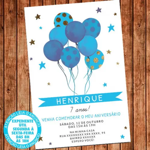 Convite Balões Aniversário Festa Azul Digital
