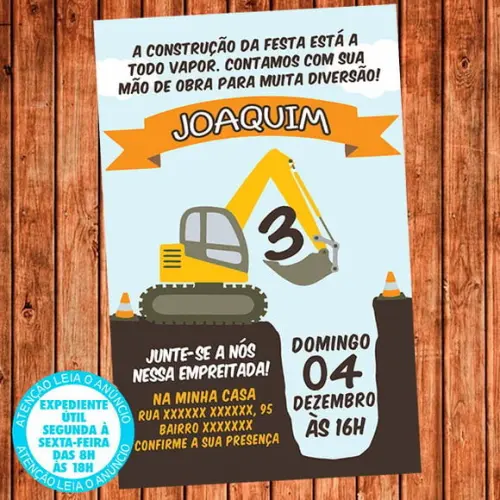 Convite Construção Escavadeira Aniversário Festa Digital