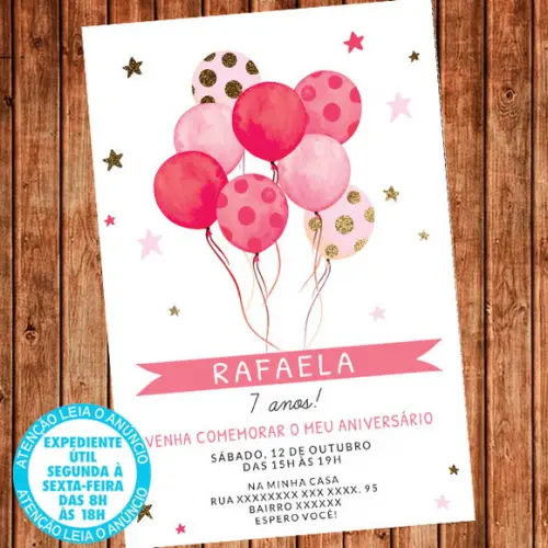 Convite Balões Aniversário Festa Rosa Digital