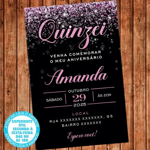 Convite 15 Anos Aniversário Festa Quinzei Rosa e Preto