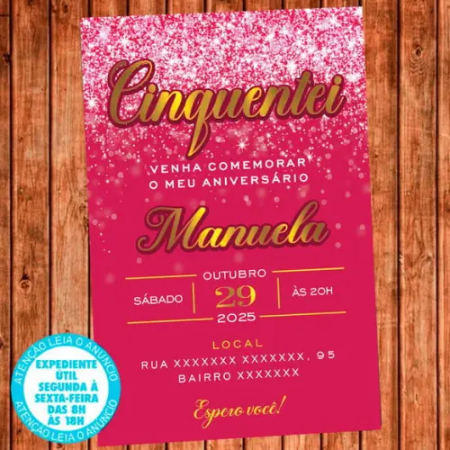 Convite 50 Anos Aniversário Cinquentei Rosa Gold Digital