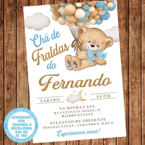 Convite Chá de Fraldas Ursinho Balões Urso Balão Digital