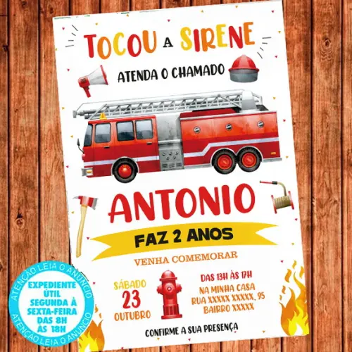 Convite Bombeiro Aniversário Bombeiro Festa Digital