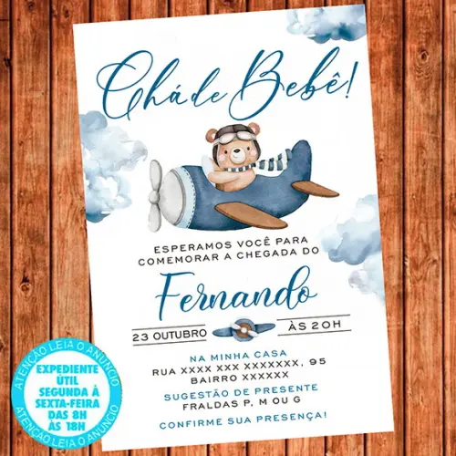 Convite Cha de Bebe Ursinho Aviador Digital Cha de Fraldas