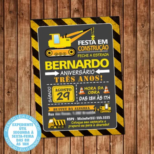 Convite Construção Aniversário Festa Digital