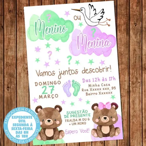 Convite Chá Revelação Ursinhos Urso Lilás e Verde Digital