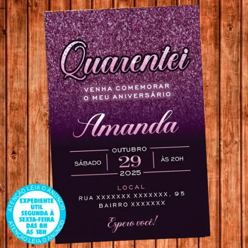 Convite 40 Anos Aniversário Festa Quarentei Digital Roxo