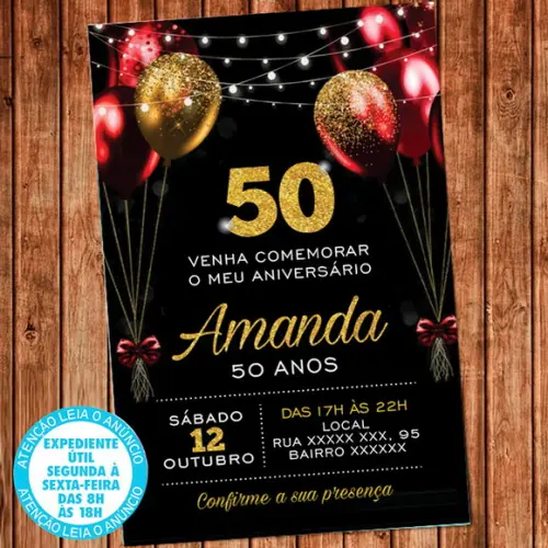 Convite Vermelho e Dourado Balões Festa Aniversário Virtual