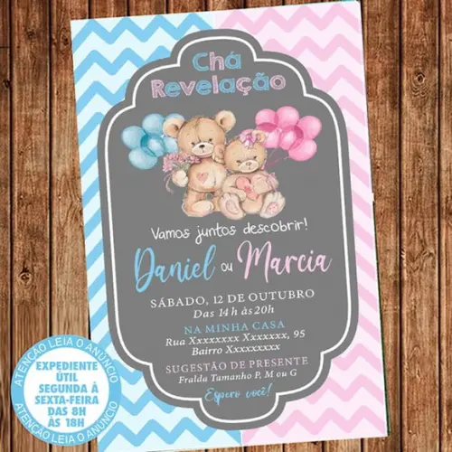 Convite Chá Revelação Ursinhos Digital
