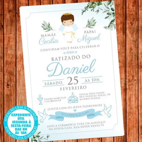 Convite Batizado Anjo Menino Batismo Azul Digital