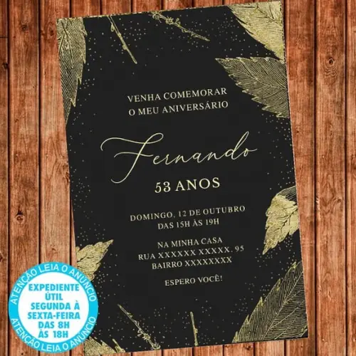 Convite 15 30 40 50 60 Anos Aniversário Dourado Festa Folhas
