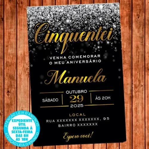Convite 50 Anos Aniversário Cinquentei Prata e Dourado