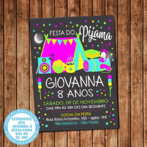 Convite Festa do Pijama Neon Aniversário Digital