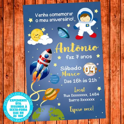 Convite Astronauta Foguete Aniversário Festa Digital