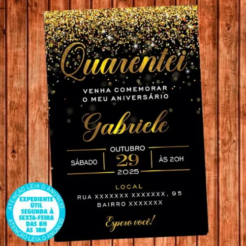 Convite 40 Anos Aniversário Festa Quarentei Digital Dourado