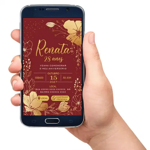 Convite Interativo Digital Aniversário Vermelho Dourado