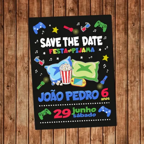Convite Save The Date Festa do Pijama Video Game Digital