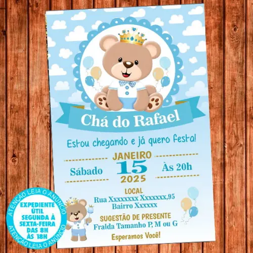 Convite Cha De Bebe Ursinho Príncipe Digital Cha De Fraldas