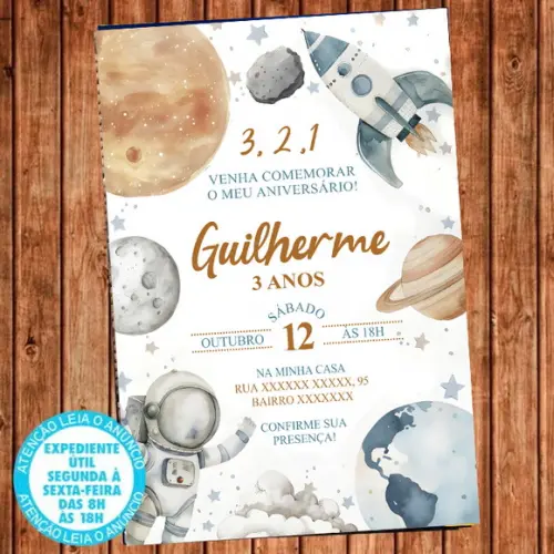 Convite Astronauta Aniversário Foguete Digital