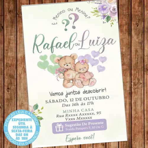 Convite Chá Revelação Ursinhos Urso Digital