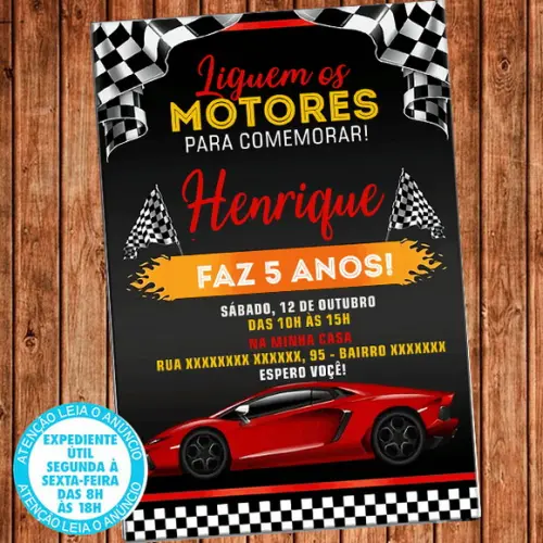 Convite Corrida Carro Aniversário Festa Digital