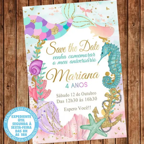 Convite Sereia Aniversário Festa Save the Date