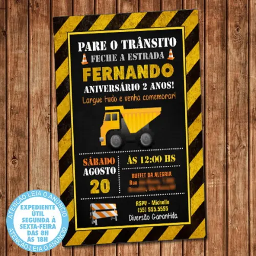 Convite Caminhão Construção Aniversário Digital