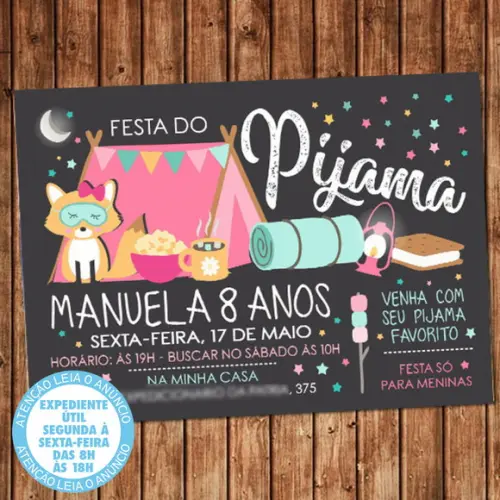 Convite Rapozinha Rapoza Festa do Pijama Aniversário Digital
