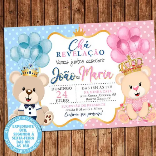 Convite Chá Revelação Ursinhos Urso Digital