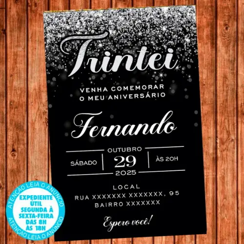 Convite 30 Anos Aniversário Festa Trintei Prateado