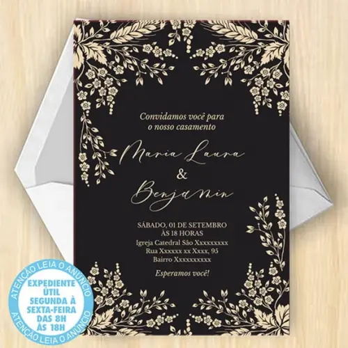 Convite Casamento Floral Preto e Dourado Digital 32