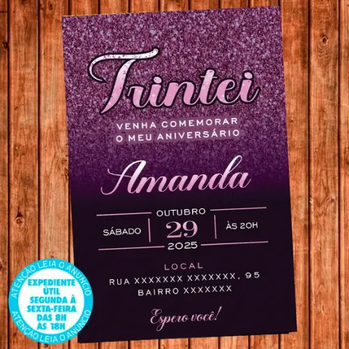 Convite 30 Anos Aniversário Festa Trintei Roxo