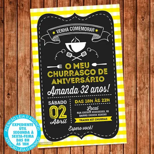 Convite Churrasco Festa Aniversário Amarelo Digital