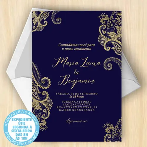 Convite Casamento Azul e Dourado Digital 22