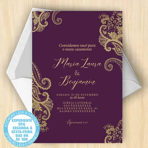 Convite Casamento Roxo e Dourado Digital 21