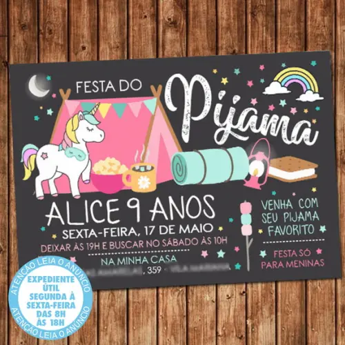 Convite Unicórnio Festa do Pijama Aniversário Digital