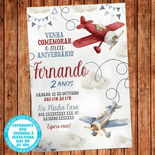 Convite Avião Aniversário Aviador Festa Digital