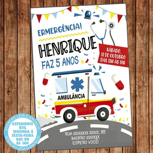 Convite Ambulância Aniversário Festa Ambulancia Digital